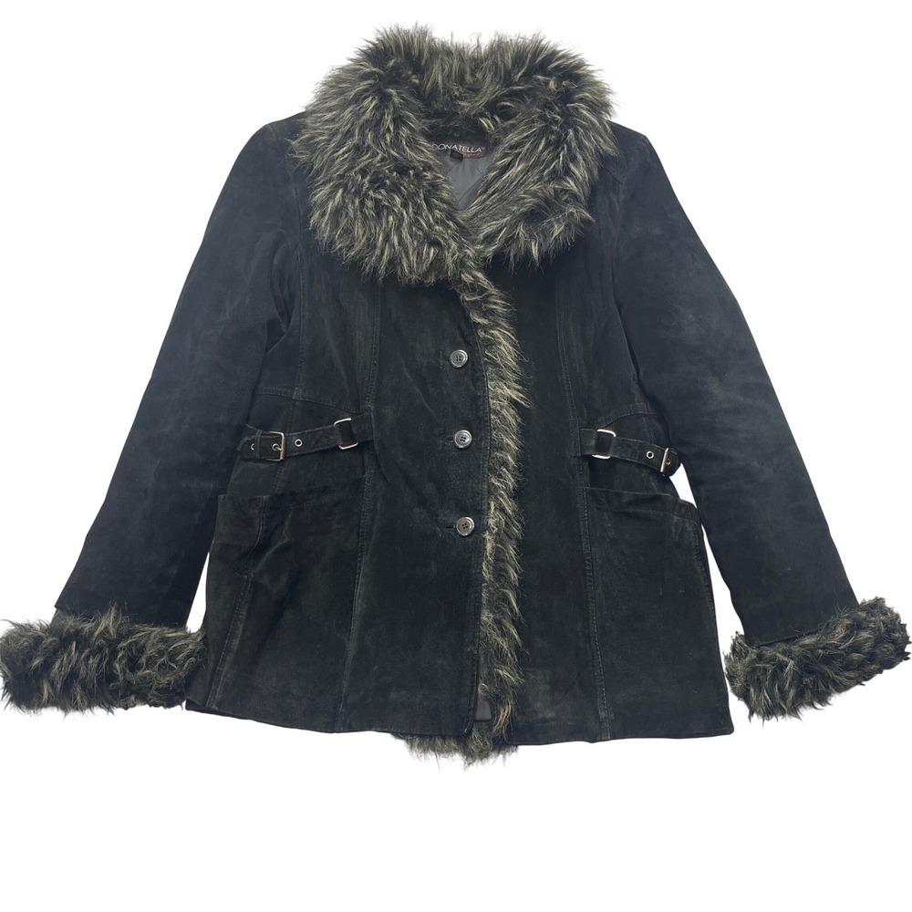 VTG Penny Lane Coat Jacket L Black Suede‎ Leather Mob Wife Y2K Donatella Sport